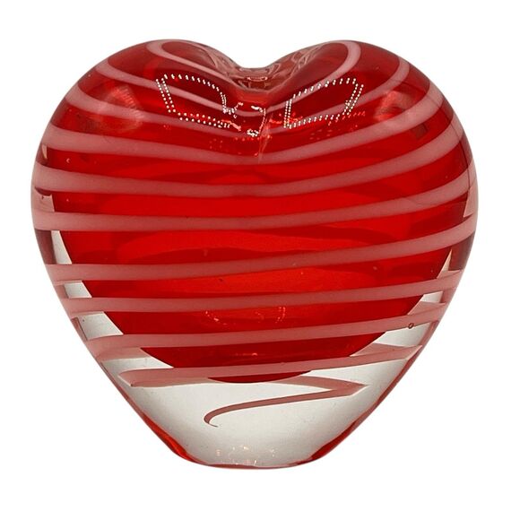 Art Glass Heart Shaped Bud Vase Paperweight Red with White Swirls Hand Blown - Picture 4 of 7